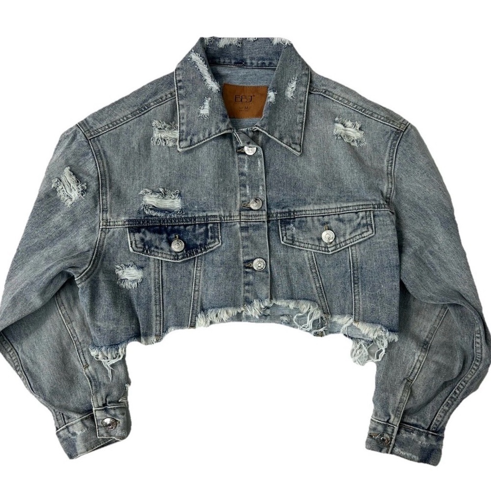 BBJ Los Angeles Black Denim Distressed Cropped Jean Jacket Size M Button-Up New